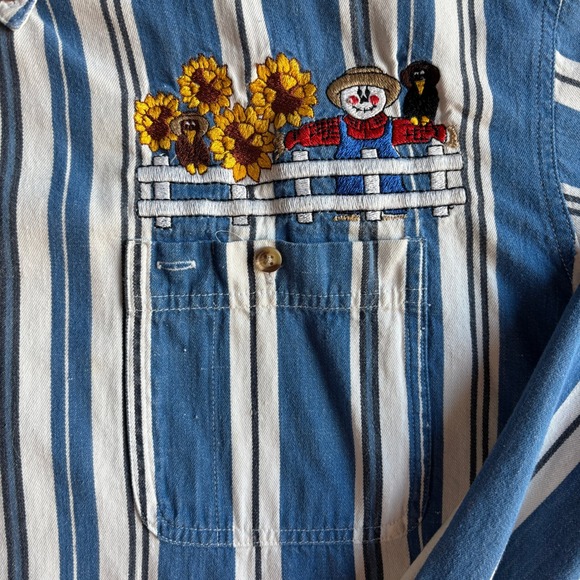 Womens Striped Embroidered Scarecrow Sunflowers Button Up Shirt Blue White Large - Picture 5 of 12